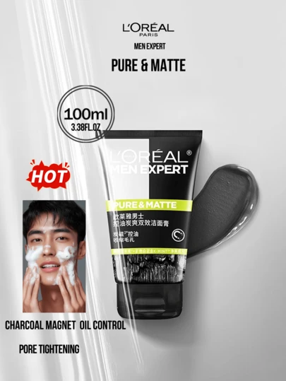L’Oreal Paris Men Expert Pure & Matte Face Wash 50/100ml, Charcoal & Clay Dual-Action Formula, Deep Cleanses, Controls Oil, Tightens Pores with Forest Oak Charcoal & White Mineral Clay, Suitable for Oily Skin, Daily Skincare, Sports & Outdoor Uffse, Wont for Suitable for Oily Skin, Daily Skincare, Sports & Outdoor Use, Wont, fort. Control & Pore Refining, Available in Full Size & Travel Mini, Perfect Gift for Him