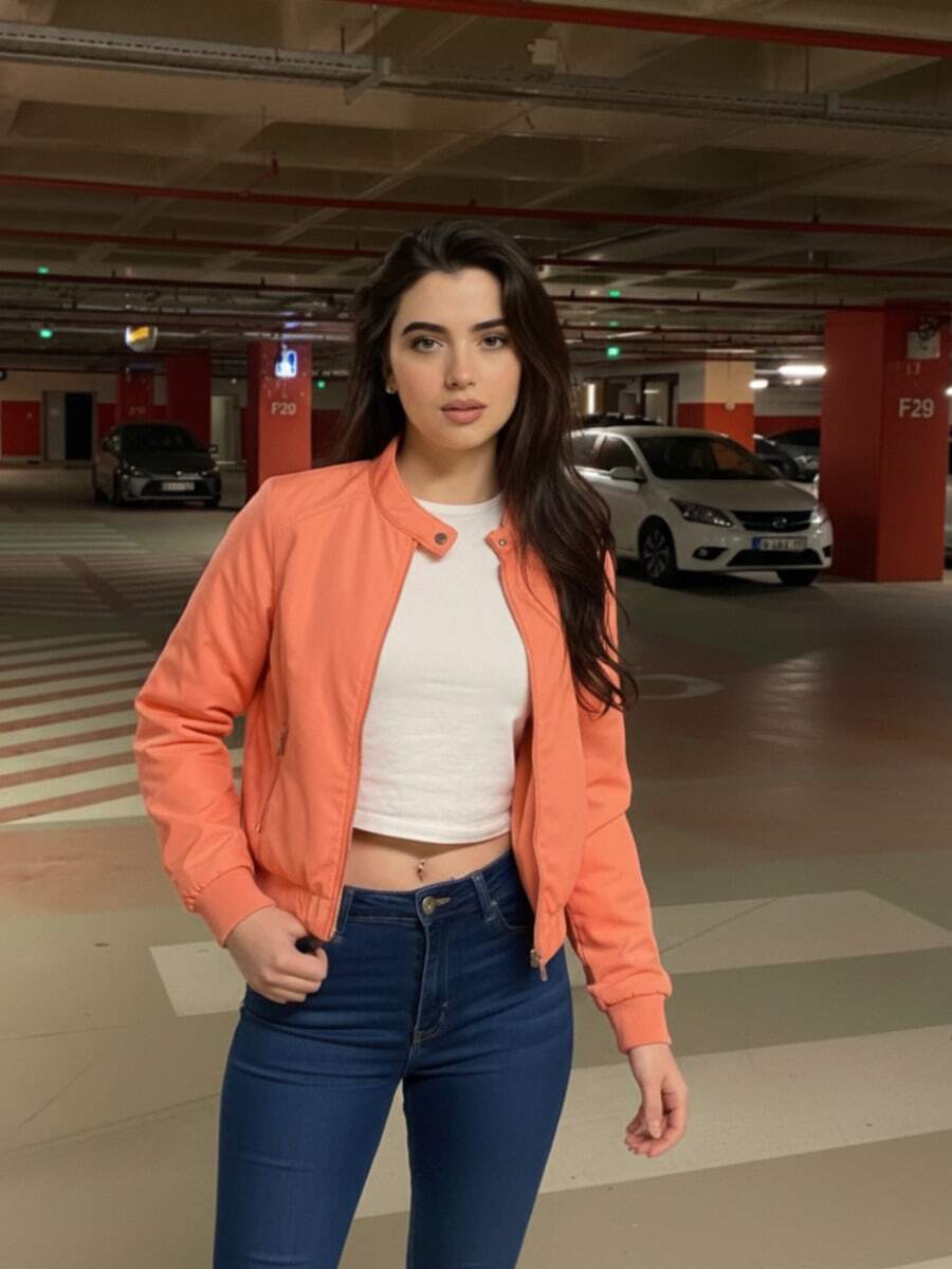 MODA MANIA Chamarra Bomber Vinipiel Afelpada Crop para Mujer Chaqueta de Beisbol Cortavientos Ligera con Cierre Cremallera Estilo Casual y Urbano para Otoño e Invierno - Naranja Coral - Ver 1