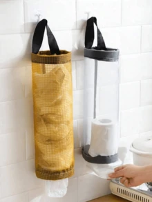 1pc Space-Saving Mesh Hanging Plastic Bag Storage Box - Foldable Breathable Kitchen Grocery Bag Organizer, Grocery Bag Rack, Home Storage Container