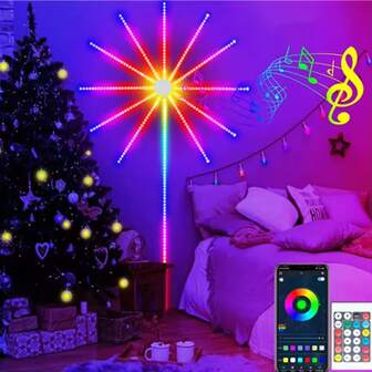 1 juego de luces LED inteligentes tipo fuegos artificiales RGB con sincronización de música, alimentadas por USB con control remoto de 24 teclas, guirnaldas de luces para decoración navideña en paredes