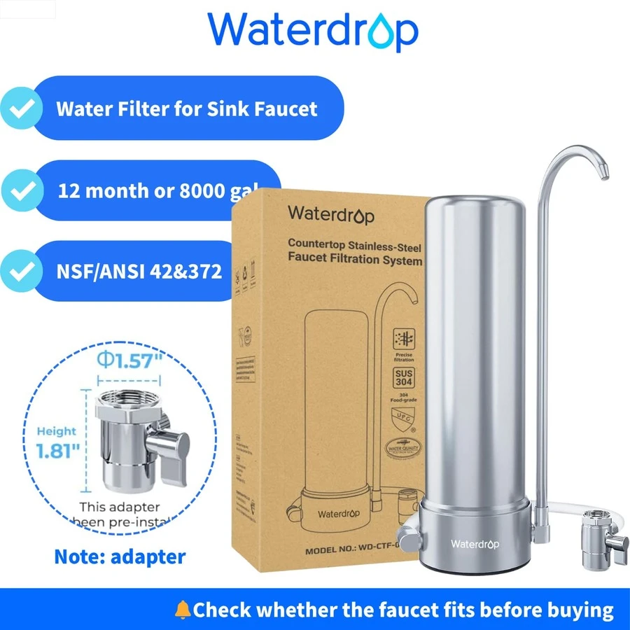 Waterdrop WD-CTF-01 Countertop Filter, 5-Stage Stainless Steel Drinking Water Filter System, Durable Faucet Water Filter, Reduces Chlorine, Heavy Metals, Bad Taste (1 Filter Included)