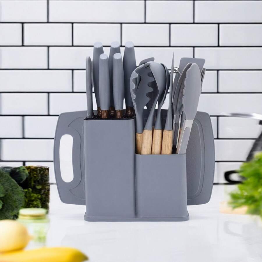Spot 19-Piece Simple Kitchenware Combination Set Silicone Kitchenware Wooden Handle Shovel Spoon Kitchen Stainless Multifunctional