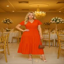VESTIDO GOLA V – Sofisticação para brilhar nas festas é a escolha certa para o Natal, confraternizações, jantares e eventos especiais. - Laranja Queimado - Visão 3