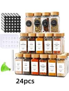 24pcs/12pcs/6pcs Square Glass Jar Set With Bamboo Lids - Rust-Proof, Airtight And Easy To Refill - Suitable For Kitchen Spice Storage, Transparent Glass Jars, Multipurpose Spice Jars, Essential For Home Organization - Clear - View 11