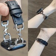 个性化新月扣皮革表带兼容 38/40/41/42/44/45/46/49 毫米，兼容 表带 Ultra/Se10/9/8/7/6/5/4/3/2/1 - 黑銀 - 查看 2