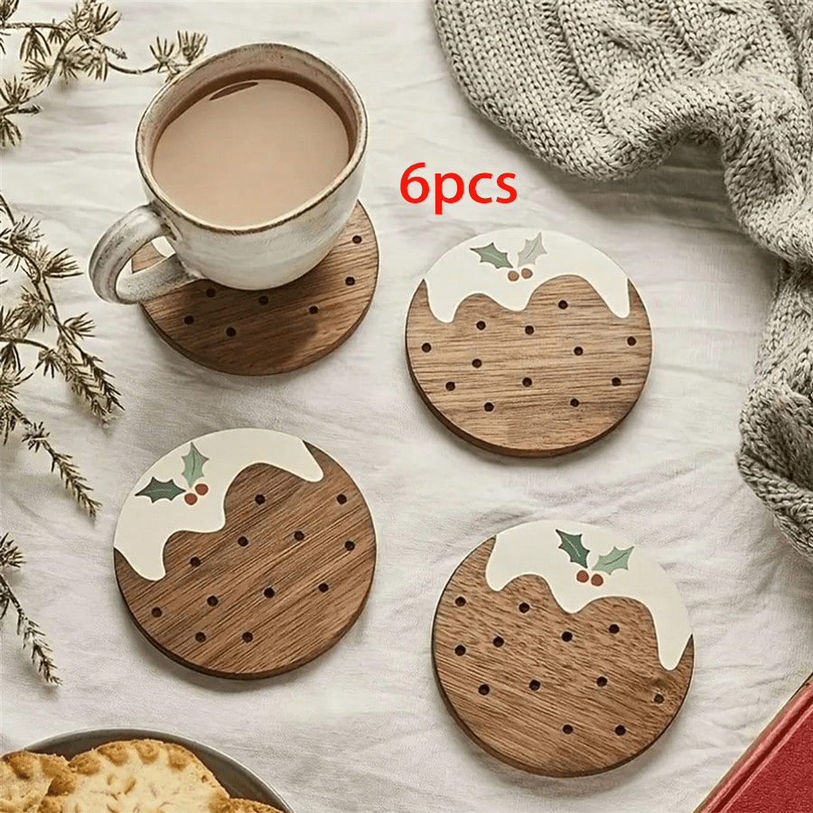 6 Peças Porta-copos de Madeira com Pudim de Natal Festivo, Perfeito para Casa, Escritório, Café ou Sala de Chá, Decoração de Mesa de Feriado | Decoração de Mesa Festiva | Porta-copos de Madeira, Decorações de Natal, Porta-copos de Natal, Conjunto de Porta-copos, Conjunto de Porta-copos de Pudim de Natal, Suporte de Vaso de Mesa, Porta-copos para Bebidas, Porta-copos para Xícaras, Porta-copos Embaixo de Xícaras