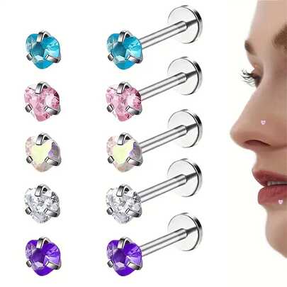 5pcs Stainless Steel Threaded Earrings Set - Unisex Hip-Hop Sparkling Style Nose Ring, Lip Ring, Ear Bone, Helix Studs - All-Year-Round Daily And Gift Synthetic Zirconia Inlaid Earrings - 304 Grade Stainless Steel, No Plating, Suitable For Mother's Day Gift