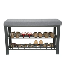 Gray Entryway Metal Upholstered Bench With Double Tier 8 Pairs Of Shoes Storage