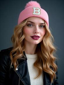 1顶男女通用A-Z字母针织帽，个性化百搭冬季针织帽，适合秋冬季日常佩戴 - 粉色 - 查看 5