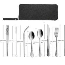 9pcs Stainless Steel Reusable Portable Travel Cutlery Set, Includes Knife, Fork, Spoon, Chopsticks, Straw, With Zipper Pouch, Suitable For Camping And Picnics - Multicolor - View 6