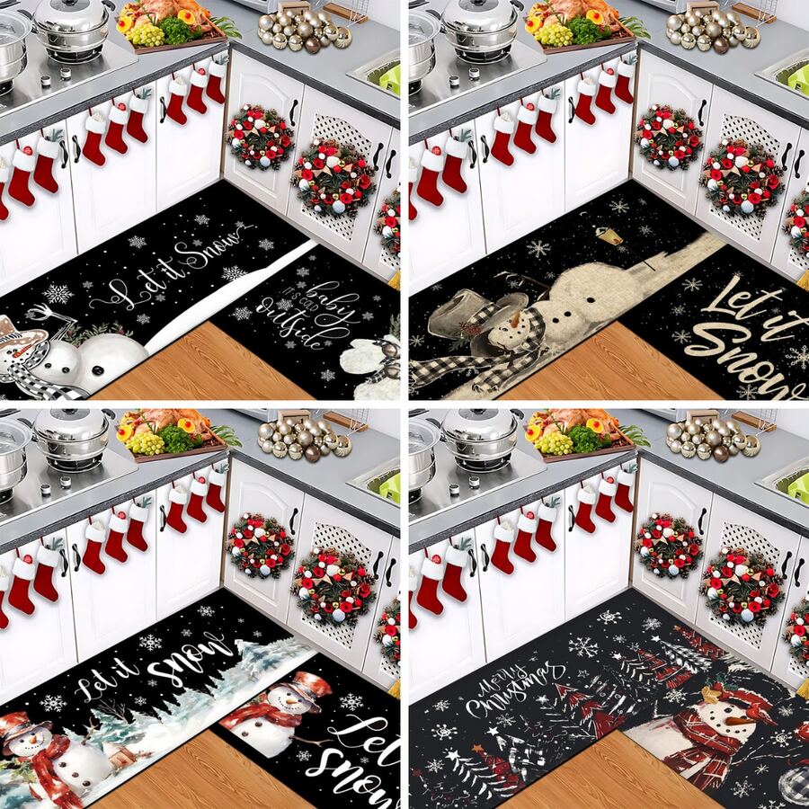1 pièce Tapis de cuisine en gel de silice imprimé avec motif bonhomme de neige de Noël, tapis rectangulaire pour le salon, la chambre, le couloir, la salle de bain, la buanderie - en polyester, convient pour la décoration intérieure et extérieure de la maison - Multicolore - Voir 1