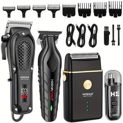  סט יופי לגברים של HIENA, 4 חלקים, כלי גיזום זקן, כלי תספורת ועיצוב שיער חשמליים. עיצוב תסרוקת, כלי טיפוח זקן וגיזום פאות לחיים. אריזה מהודרת, מתנה לאווירת חג