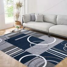 1pc Washable Carpet, Modern Geometric Pattern, Suitable For Living Room, Bedroom, Office, Striped & Circular Design, Contemporary Distressed Style, Low Pile, Neutral Soft, Patchwork Square Pattern, Navy Blue/Grey - Multicolor - View 3