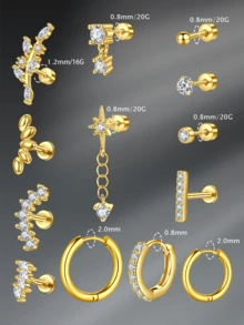 8pcs Stainless Steel Ear Ring  Tragus Cartilage Hoop Cartilage Earring Stud Ear Bone Stud CZ Serpentine Butterfly 16G Body Piercing Jewelry Mix And Match Stylish, Simple And Comfortable To Wear - Ear Bone Studs - View 4