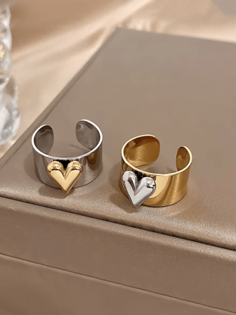 1pc Stainless Steel Heart-Shaped Dual-Tone Ring, Elegant Women's Jewelry Gift, Suitable For Various Occasions, Gift For Girlfriend, Best Friend