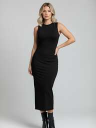 Vestido Longo Feminino Midi Suplex Sem Manga Com Fenda Zero Transparência