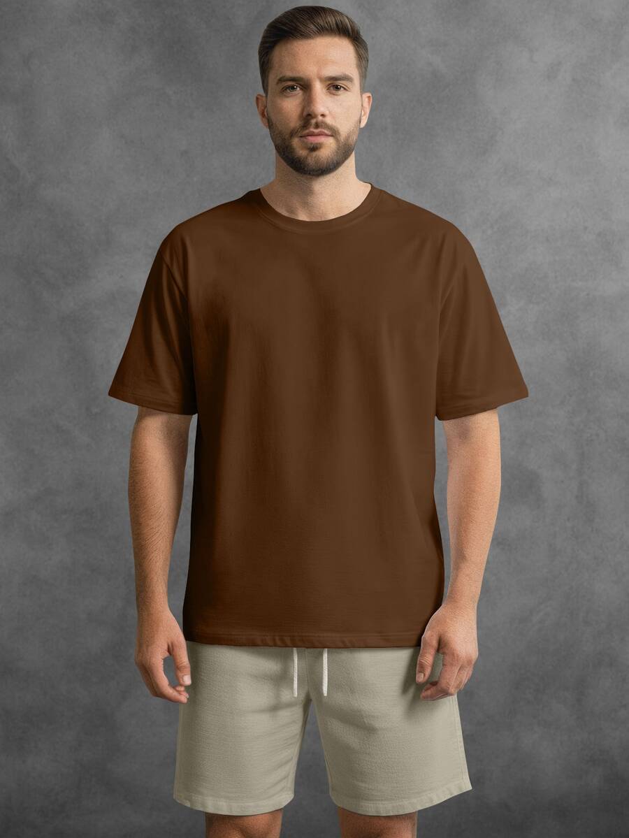 Oversized Streetwear T-Shirt And Bermuda Shorts Linen Casual Men's Basic Beach Set - Rỉ Nâu - Xem 1