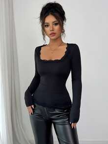 黑色蕾丝边方领修身吊带长袖上衣 - 黑色 - 查看 7