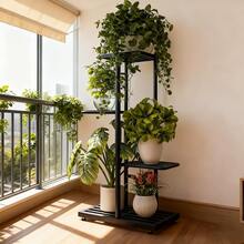 4 Tier Plant Stand -With Wheels  Practical And Durable Plant Stand - Indoor And Outdoor Metal 4 Tier 5 Basin Multi-Pot Planter Rack Shelf Flower Pot Display Rack, You Can Use This Plant Stand To Display Plants, Flowers And So On, It's Very Sturdy And Durable. Grid Layout, Even Load Bearing, Not Easy To Deform, Suitable For Courtyard Garden Corner Balcony Living Room - màu đen - Xem 1