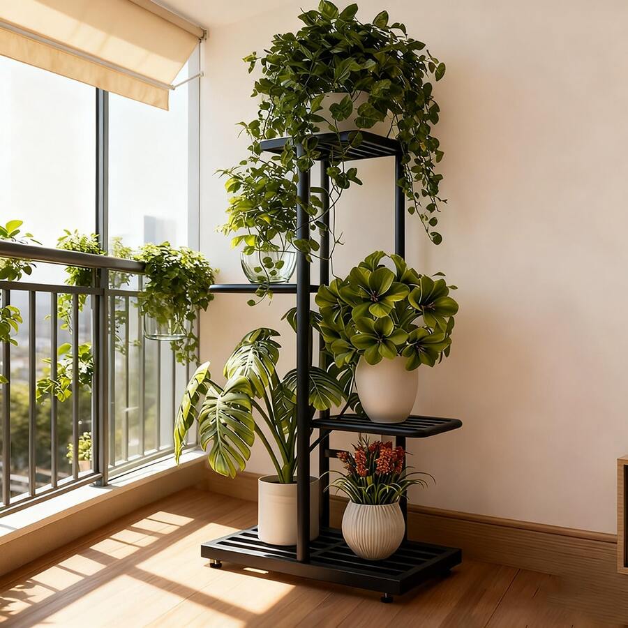 4 Tier Plant Stand -With Wheels Practical And Durable Plant Stand - Indoor And Outdoor Metal 4 Tier 5 Basin Multi-Pot Planter Rack Shelf Flower Pot Display Rack, You Can Use This Plant Stand To Display Plants, Flowers And So On, It's Very Sturdy And Durable. Grid Layout, Even Load Bearing, Not Easy To Deform, Suitable For Courtyard Garden Corner Balcony Living Room - màu đen - Xem 1
