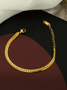 1pc Men's Vintage Asymmetrical/O-Shaped Open Bracelet, Encrypted Cuban/Box Chain Design - Gold - View 7