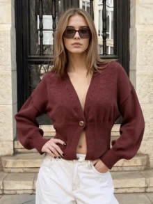 Burgundy Deep V Neck Knit Cardigan For Women, Button Front Fitted Cropped Knit Top Casual Street Style Sweater - Coffee Brown - View 5