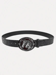 1pc Boho Metal Horse Head Buckle Printed Skinny Belt, Suitable For Jeans, Dresses, Casual, Party, Music Festival, Street Style