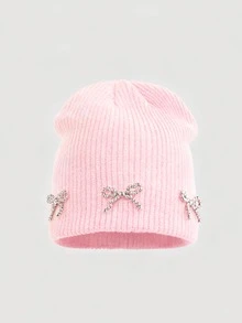 1 Knit Hat Simple Solid Color Pearl Bow Hat Women Warm Ear Protection Wool Hat In Autumn And Winter,Summer,Beach - Pearl Bow - View 20