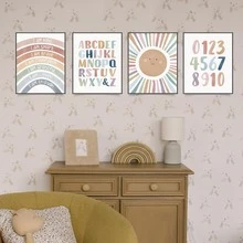 4 قطع ملصقات تعليمية بوهيمية ننمط لديكور الفصل الدراسي - ورق مطلي بالخرز مقاوم للماء مطبوع عليه الأبجدية والأرقام لتعلم الأطفال الصغار - مطبوعات بحجم 8 * 10 بوصة بدون إطار