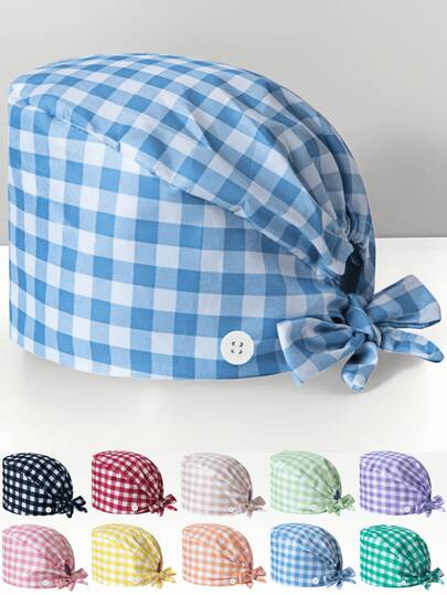 1pc Women's Polyester Colorful Plaid V-Neck Printed Digital Printed Work Cap/Nurse Cap, Anti-Bacterial Anti-Dust, Suitable For Doctors, Nurses, Beauty Salons, Veterinary Hospitals, And Cleaning/Housekeeping Workers