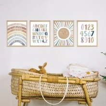 4 قطع ملصقات تعليمية بوهيمية ننمط لديكور الفصل الدراسي - ورق مطلي بالخرز مقاوم للماء مطبوع عليه الأبجدية والأرقام لتعلم الأطفال الصغار - مطبوعات بحجم 8 * 10 بوصة بدون إطار