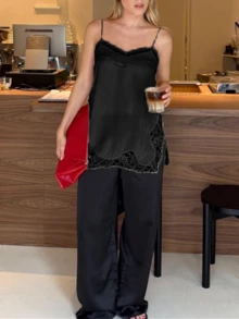 Women Lace Trim Satin High Low Tops Silk Spaghetti Strap Side Split Asymmetrical Cami Top Flowy Silky Layering Tops - Black - View 5