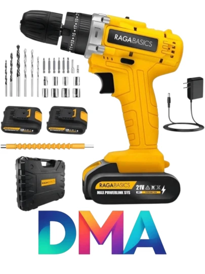 Taladro percutor atornillador inalámbrico de 10mm 3 en 1 + accesorios con maletín de transporte + 2 baterías y cargador 21V 50Hzx60Hz
