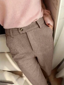 羊毛混纺法式设计小众直筒西装裤，高腰，优雅，秋冬