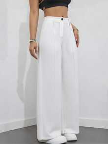 Women's Casual Commuter Solid Color Slant Pocket Straight Leg Pants, Suitable For Office White Spring - White - View 3