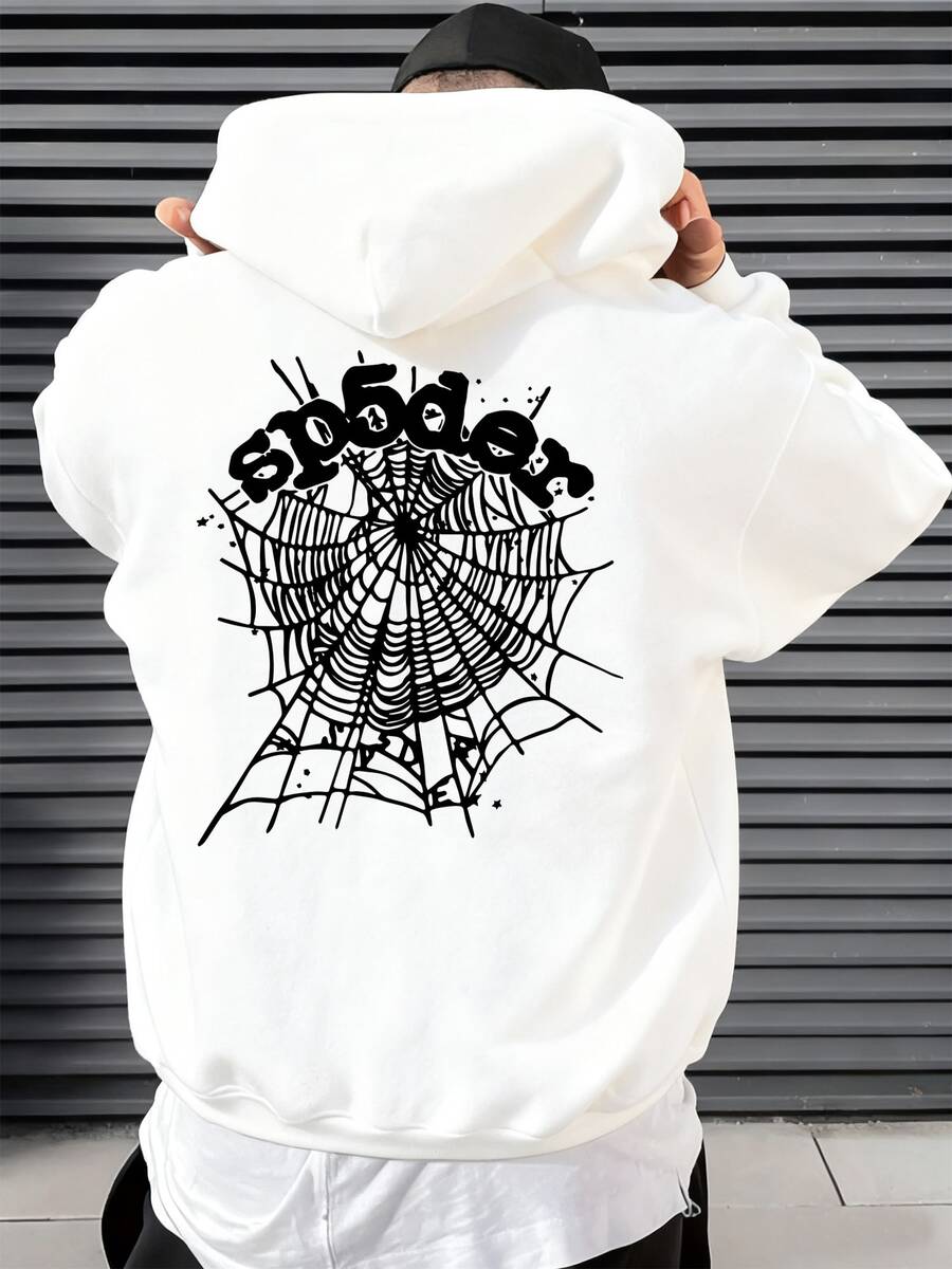 Street Fashion All-MatchSP5DER Spider Web Graphic Hoodie - Gray Streetwear Sweatshirt - 白色 - 查看 1