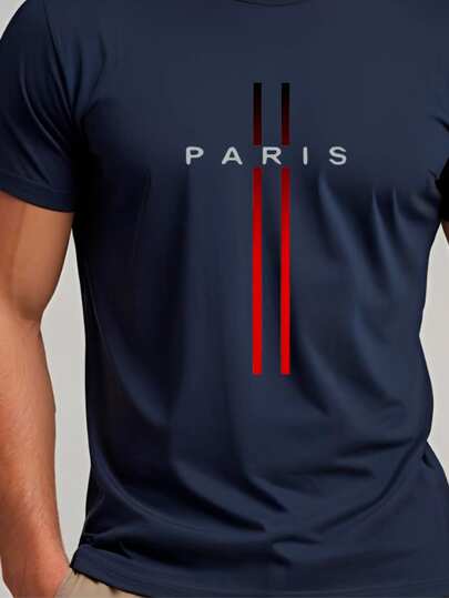 Camiseta masculina de algodão, manga curta, gola redonda, estampa Paris e listras vermelhas, elasticidade média, ajuste regular