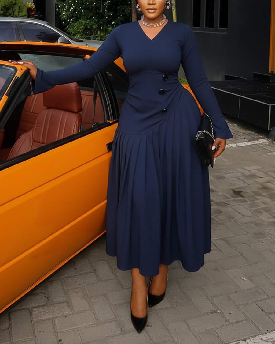 Fooullaide Women's Bell Long Sleeve Bodycon Vintage Formal Dresses Casual A Line Elegant Classic Cocktail Wedding Guest Dress - 藏蓝色 - 查看 1