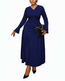 Fooullaide Women's Bell Long Sleeve Bodycon Vintage Formal Dresses Casual A Line Elegant Classic Cocktail Wedding Guest Dress - 藏蓝色 - 查看 5