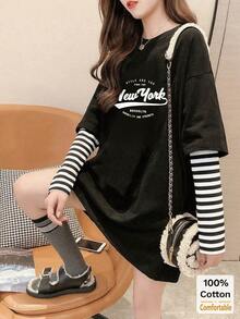 条纹长袖T恤，二合一设计，宽松版型，字母印花，时尚 - 黑色 - 查看 3