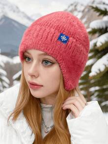 Women's New Knitted Beanie Hat, Autumn/Winter Furry Ear Warmer Hat, Korean Fashion Black Color Casual Polyester Embroidered Snowflake Skull Cap Winter New Unisex Snowflake Logo Thermal Lined Thick Soft No Brim Knitted Cap, Outdoor Cycling Sport Ear Warmer Hat, Windproof Cold-Proof Headwear, Thermal Beanie - Multicolor - View 8