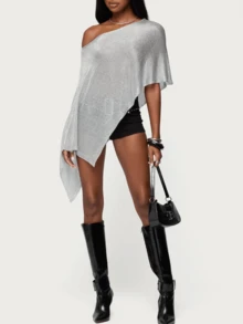 Women's Sheer Ponchos Off Shoulder Short Sleeve Solid Color T-Shirts Asymmetrical Knit Tops - 銀色 - 查看 1