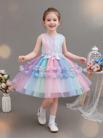 Váy vải tuyn cầu vồng cho bé gái, Váy công chúa, Váy phù dâu, Váy biểu diễn, Váy hoa cho bé gái