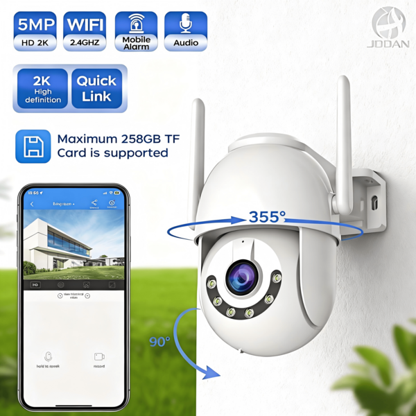 1 pieza Cámara de Inteligente, Construcción Premium de ABS IP66, Diseño Moderno Negro Redondo con Puerto de Red, Zoom Óptico 5X, Cobertura de 360°, Detección de Movimiento, Monitoreo de Sonido, Visión Nocturna a Color, Comunicación Bidireccional, Compatible con ONVIF, Ideal para Monitoreo Exterior