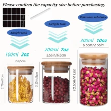 Conjunto de 12 peças, mini potes herméticos de vidro, recipientes de armazenamento de vidro para cozinha, potes de vidro para especiarias com tampas de bambu, potes de vidro de 100 ml/200 ml/300 ml, recipientes para armazenamento de alimentos e grãos, inclui etiquetas adesivas e marcador branco, adequado para cozinha doméstica, especiarias, açúcar, chá, café, farinha, ervas, grãos, ideal para decoração de bancadas de cozinha, presentes de casamento e feriados