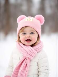 1 件装婴儿 A-Z 字母针织帽 婴儿女孩帽子 儿童无檐便帽 婴幼儿配饰 儿童帽子 弹力 0-3 岁幼儿女孩男孩帽子 - 粉色 - 查看 3