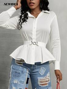 Elegant Women's White Satin-Like Long Sleeve Collared Shirt - Belted Button Front Blouse For Office, Going Out & Daily Wear