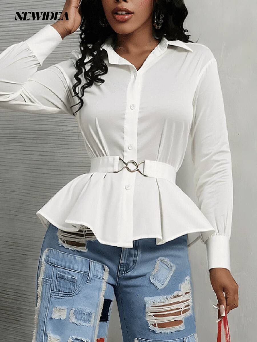 Elegant Women's White Satin-Like Long Sleeve Collared Shirt - Belted Button Front Blouse For Office, Going Out & Daily Wear