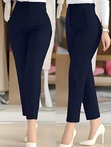 Women's Solid Color Waist-Cinching Slim-Fit Ankle Pants For Office Wear Spring - Navy Blue - View 2
