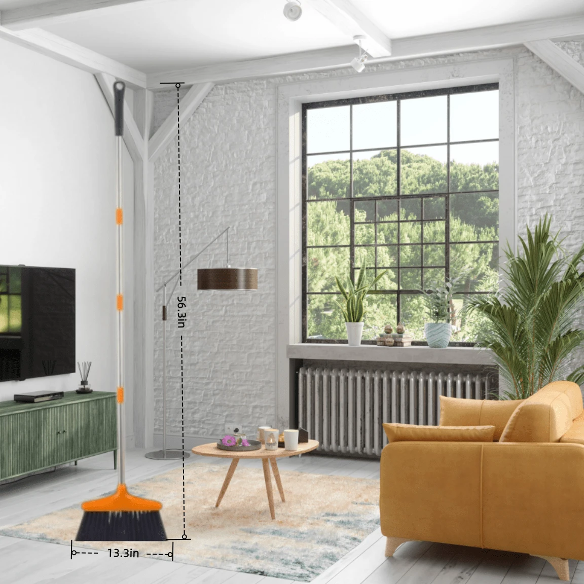 Broom And Dustpan Set With Long Handle And 6 Bonus Cleaning Tools, Upright Standing Combo With Self-Cleaning Teeth & Windproof Dustpan For Pet Hair, Home, Kitchen, Garage, Apartment - Chổi đơn màu đen và cam - Xem 1